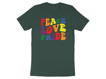 Dark t-shirt with colorful "Peace Love Pride" text.