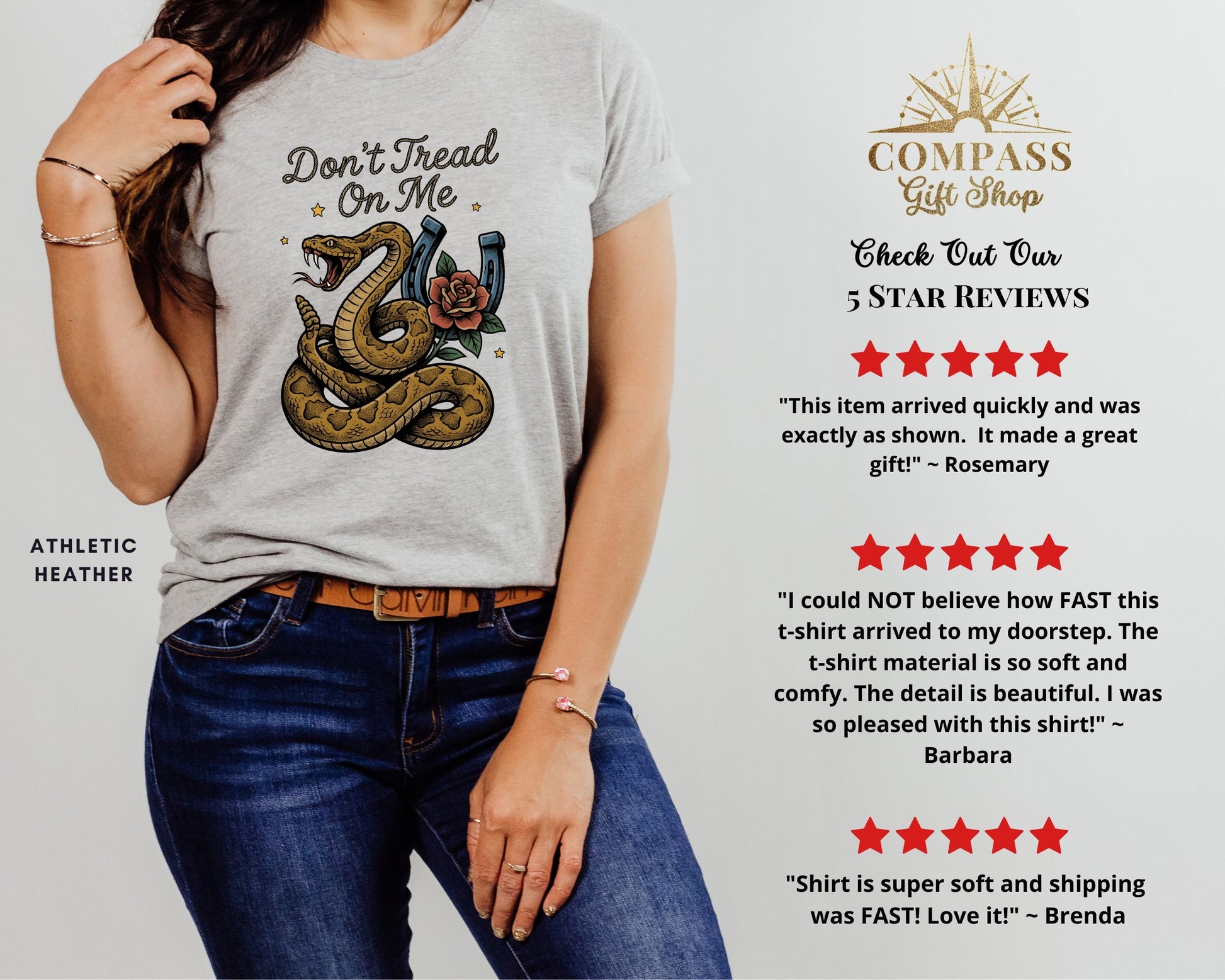 Gray t-shirt with coiled snake, horseshoe, and "Don't Tread On Me".