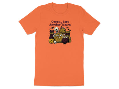 Skeleton knitting with yarn, pumpkin, bats, and text 'Ooops... I got Another Yaaarn'.