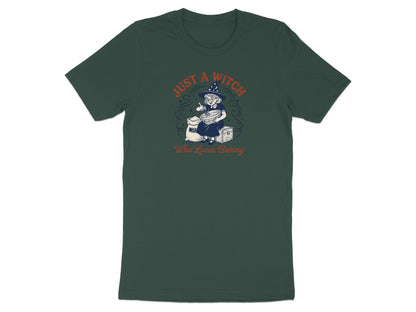 T-shirt with illustration of witch baking, reading "Just a witch who loves baking".