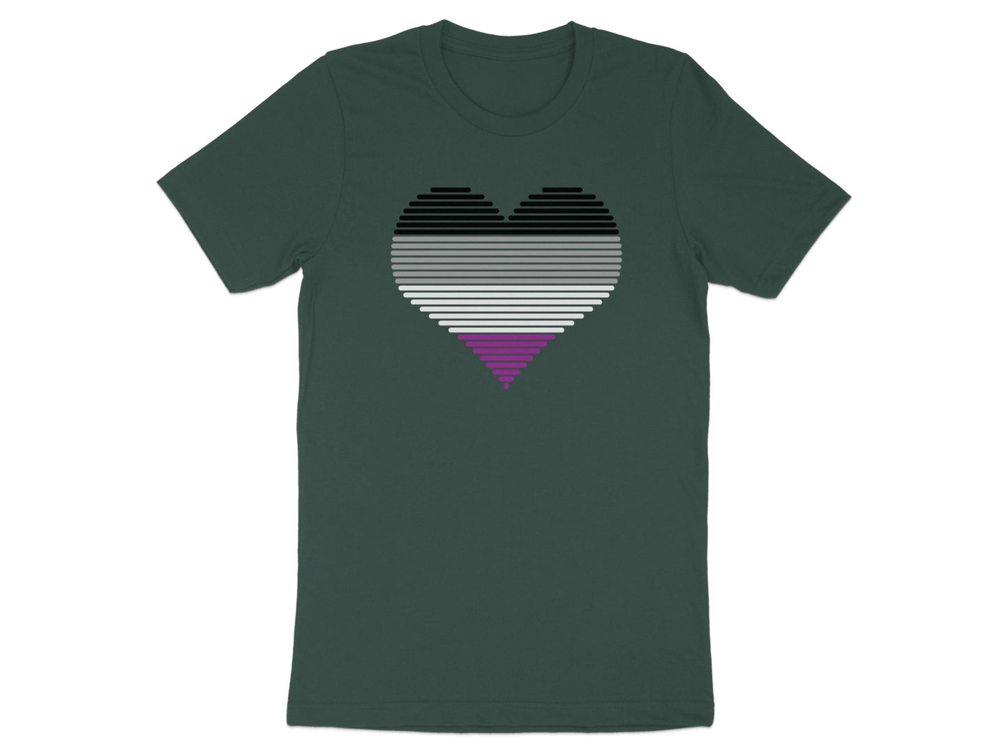 Dark green t-shirt with a horizontally striped ace pride heart graphic.