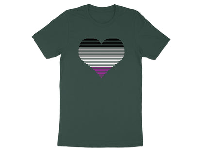 Dark green t-shirt with a horizontally striped ace pride heart graphic.