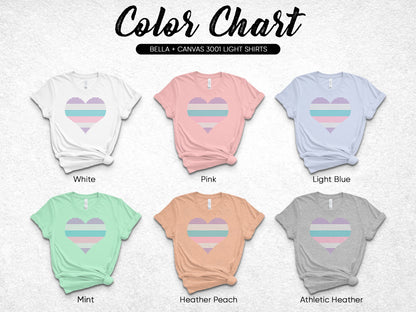 Color chart of Bella + Canvas 3001 light shirts in six colors.