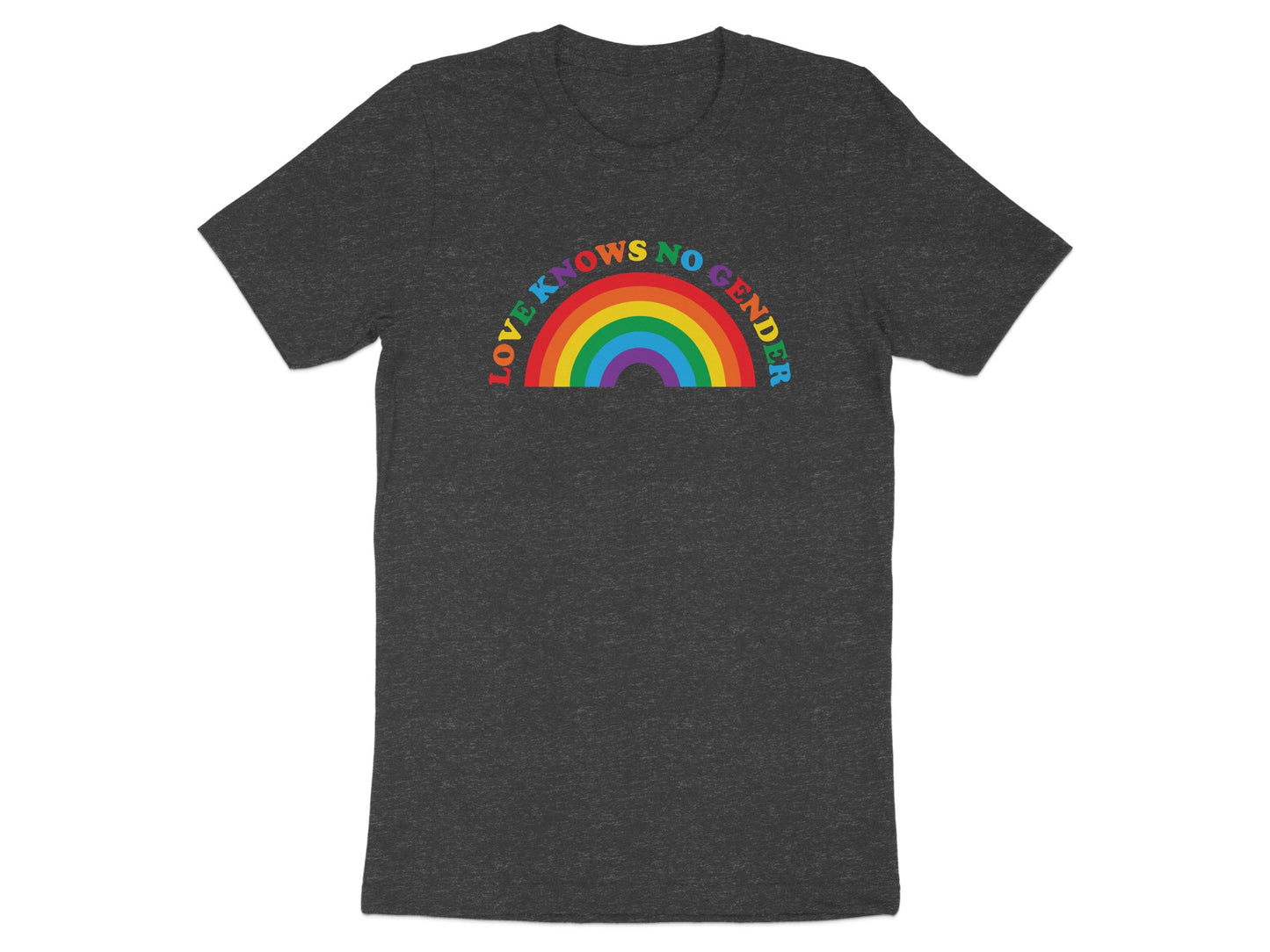Dark t-shirt with a rainbow arch displaying "LOVE KNOWS NO GENDER" text.