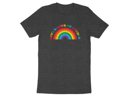 Dark t-shirt with a rainbow arch displaying "LOVE KNOWS NO GENDER" text.