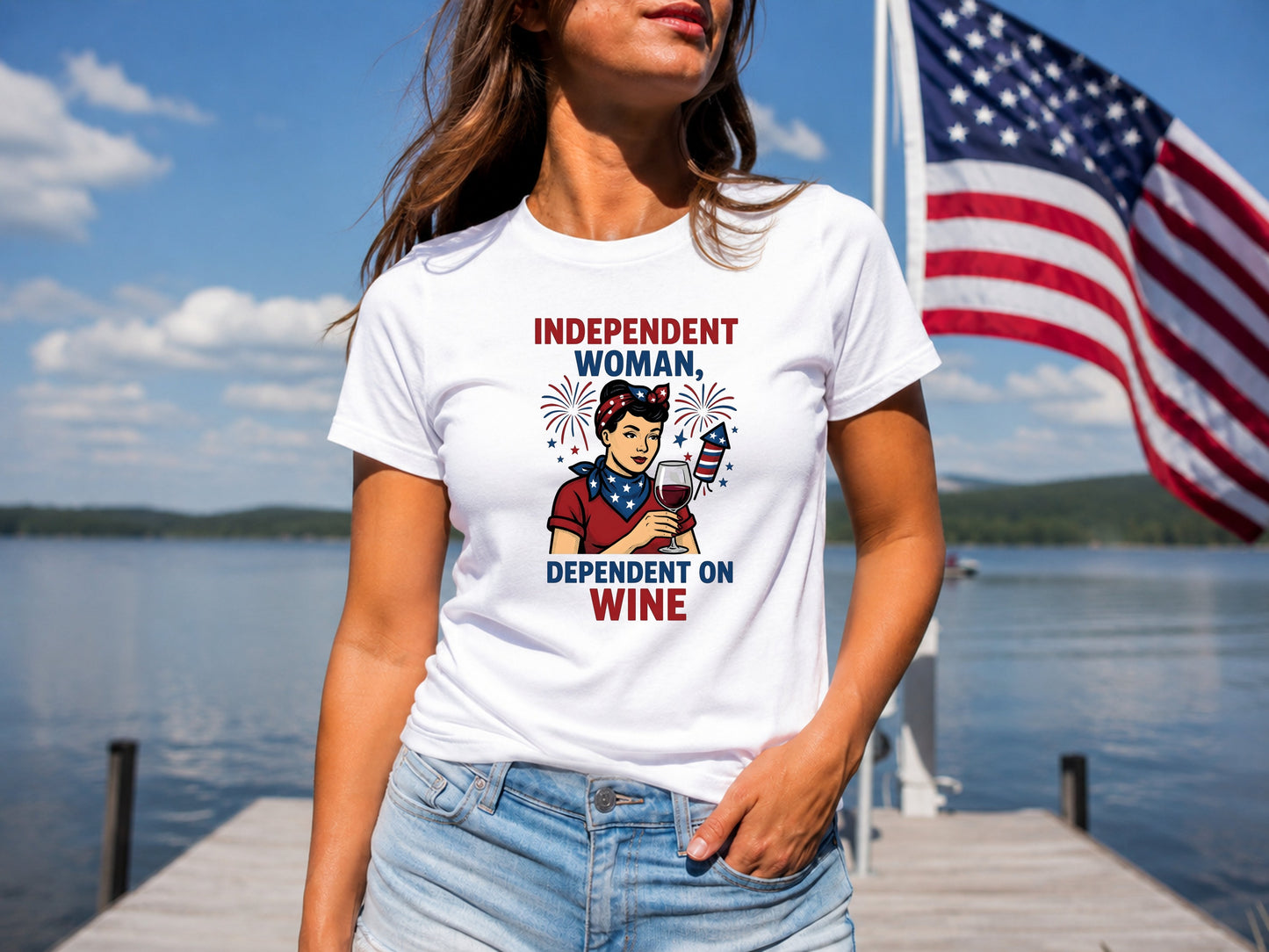 Woman in white t-shirt with "Independent Woman, Dependent on Wine" graphic and American flag.