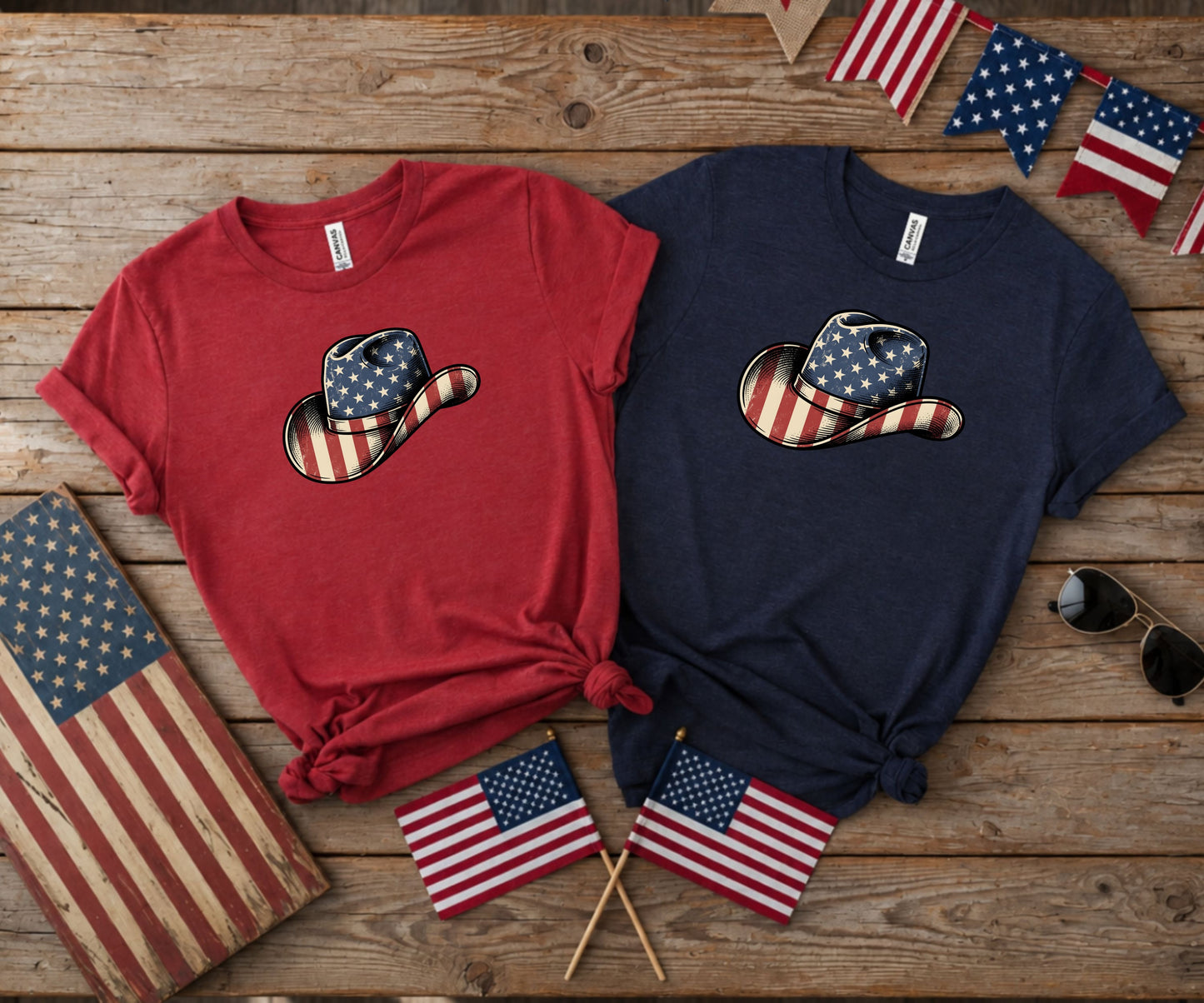 Two t-shirts with American flag cowboy hats, displayed with flags.