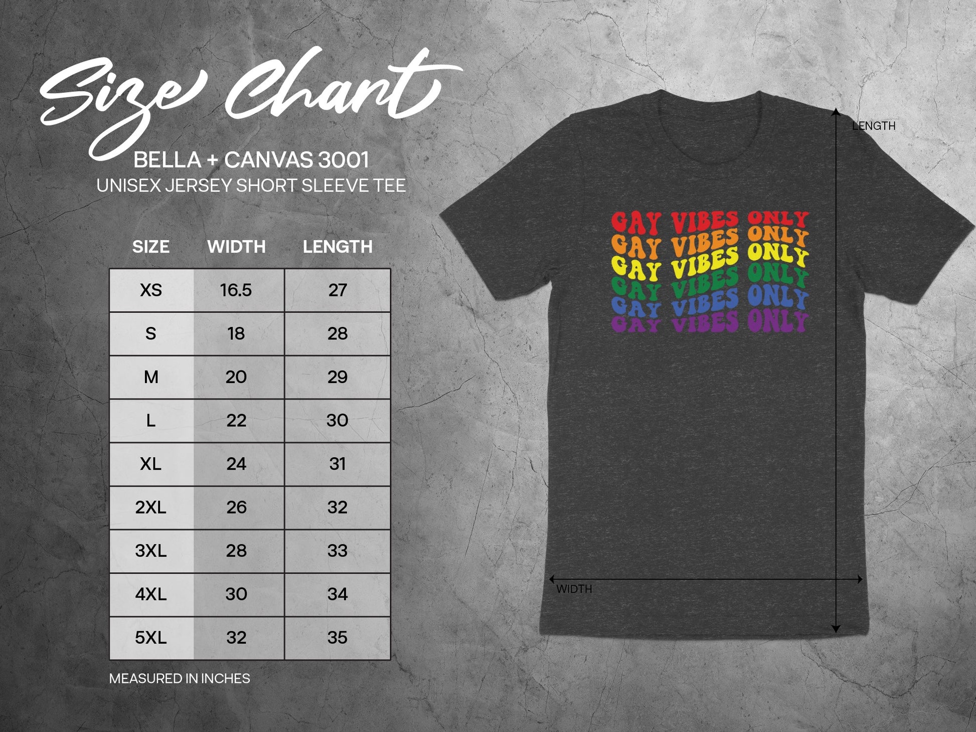 Size chart for BELLA + CANVAS 3001 unisex t-shirt with shirt graphic.
