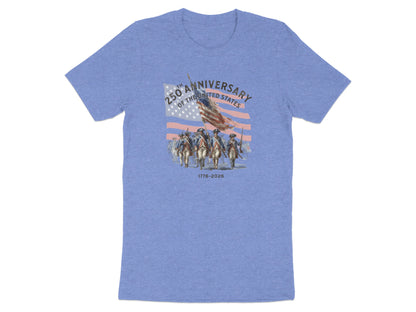 T-shirt featuring colonial soldiers carrying the American flag, "250th Anniversary" text.