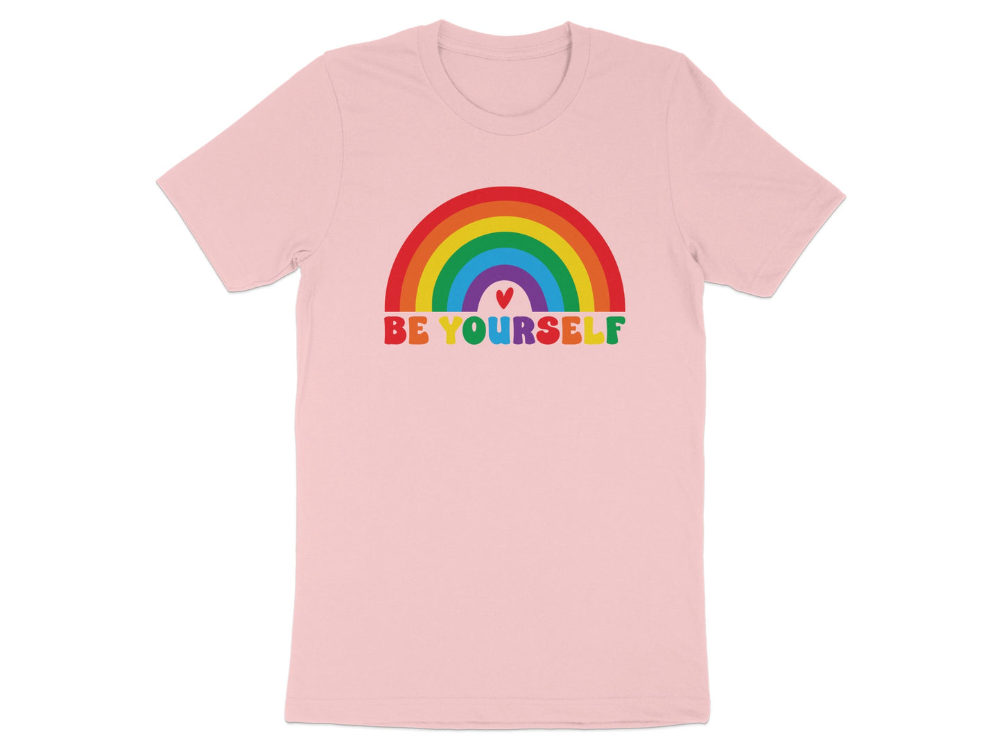 Pink t-shirt with a rainbow and "BE YOURSELF" text.