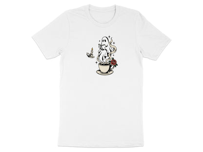 Ghost reading a book by candlelight and coffee with a rose.