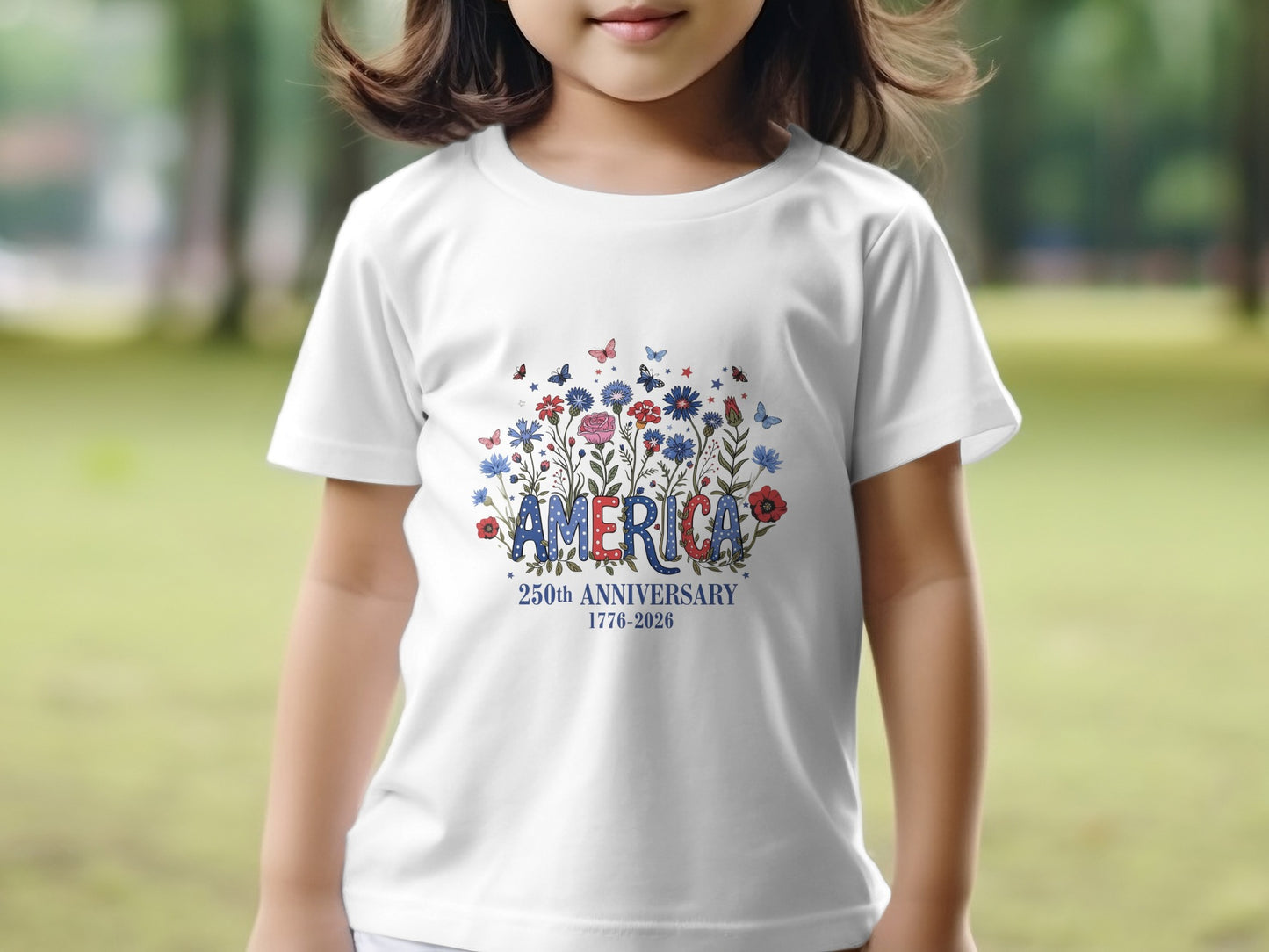White t-shirt with "AMERICA" in floral letters, celebrating the 250th anniversary.