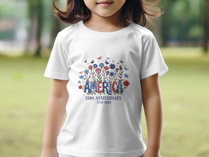 White t-shirt with "AMERICA" in floral letters, celebrating the 250th anniversary.