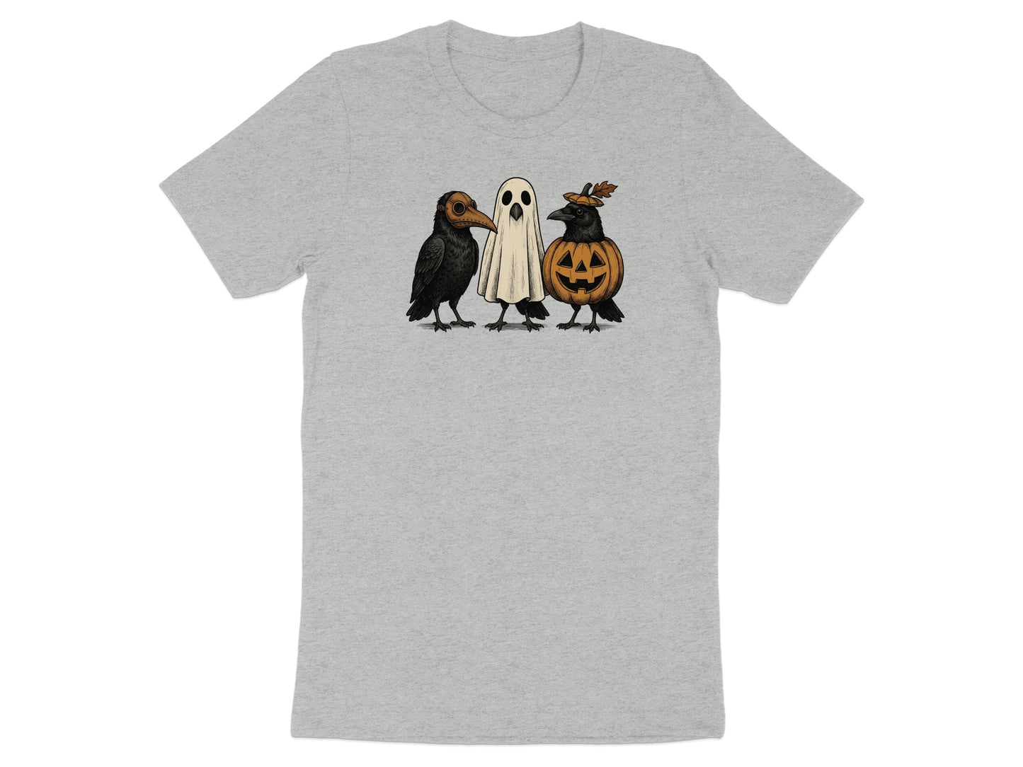 Three Halloween-themed birds: one as a plague doctor, one as a ghost, and one as a jack-o'-lantern.