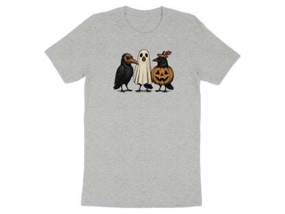 Three Halloween-themed birds: one as a plague doctor, one as a ghost, and one as a jack-o'-lantern.