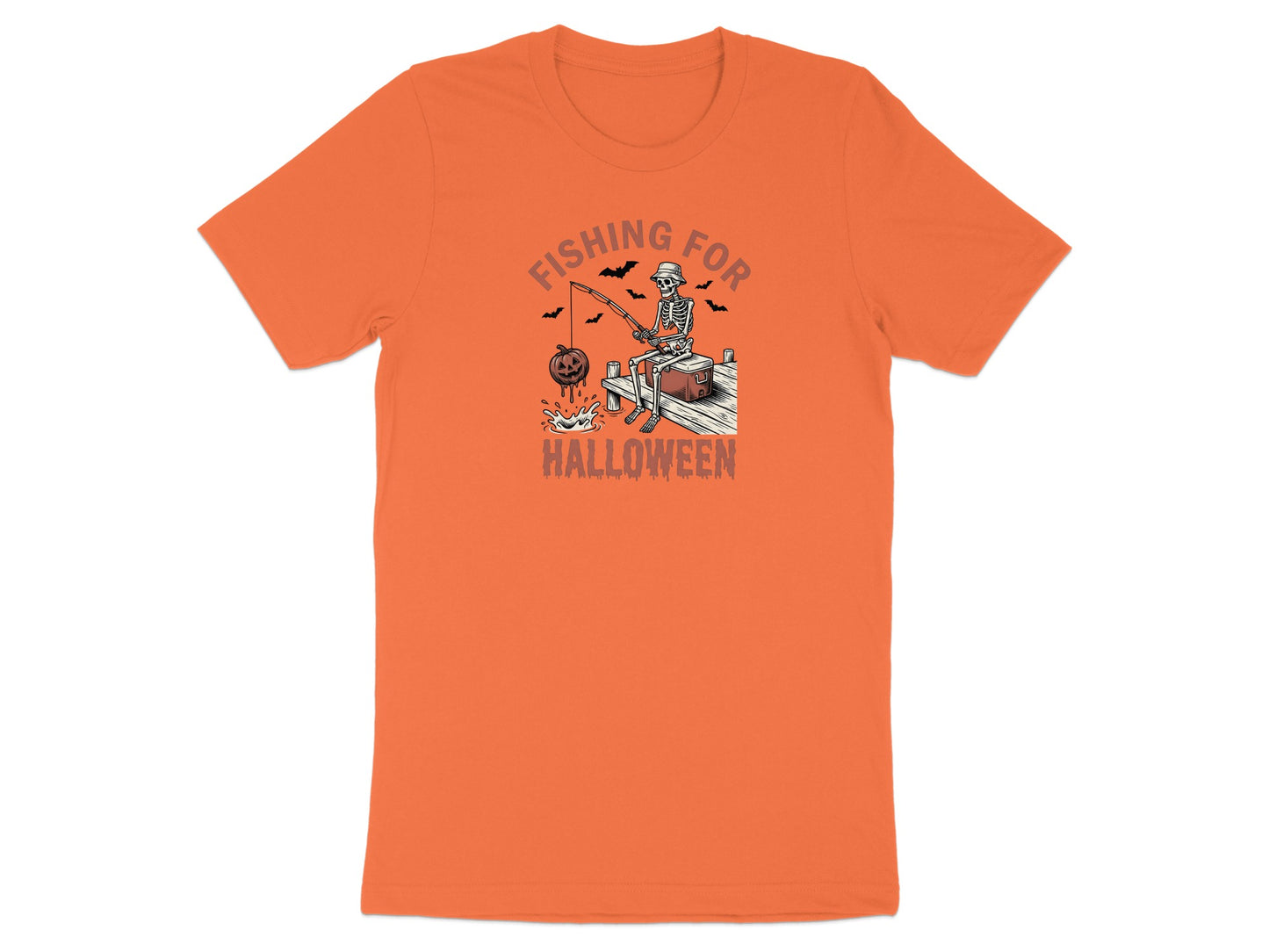 Skeleton fishing for Halloween on a dock with bats and pumpkins.