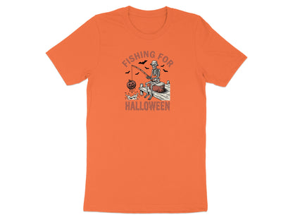 Skeleton fishing for Halloween on a dock with bats and pumpkins.