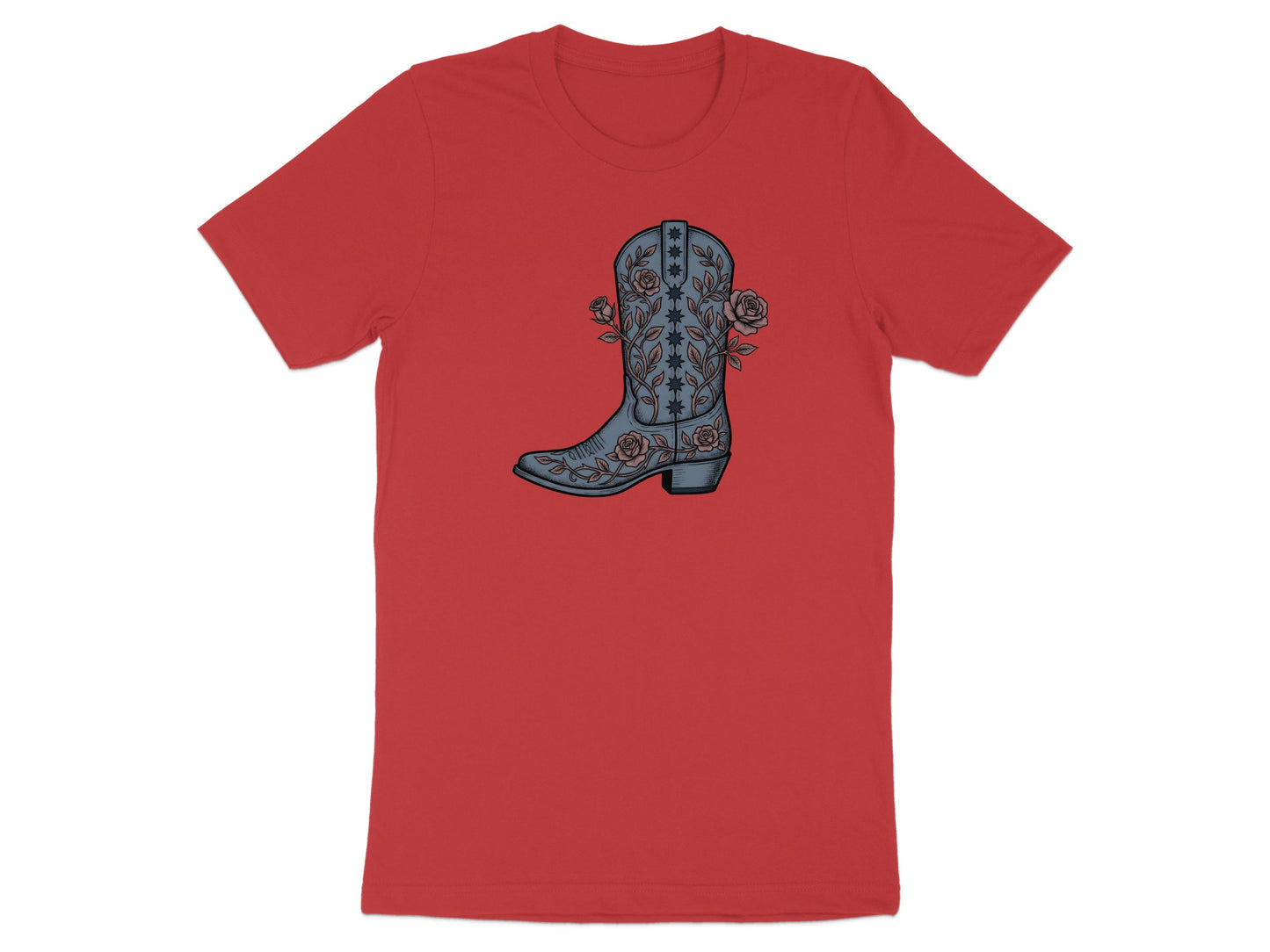 Red t-shirt with a blue cowboy boot adorned with roses.