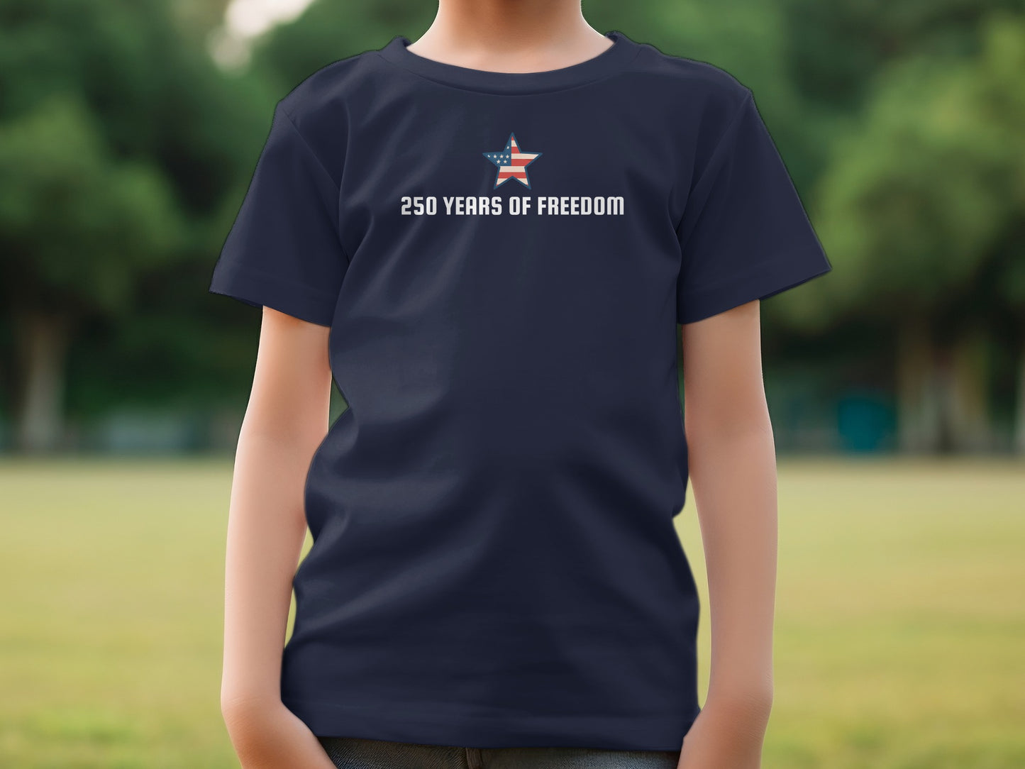 Child wearing navy t-shirt with "250 Years of Freedom" and star-spangled banner logo.