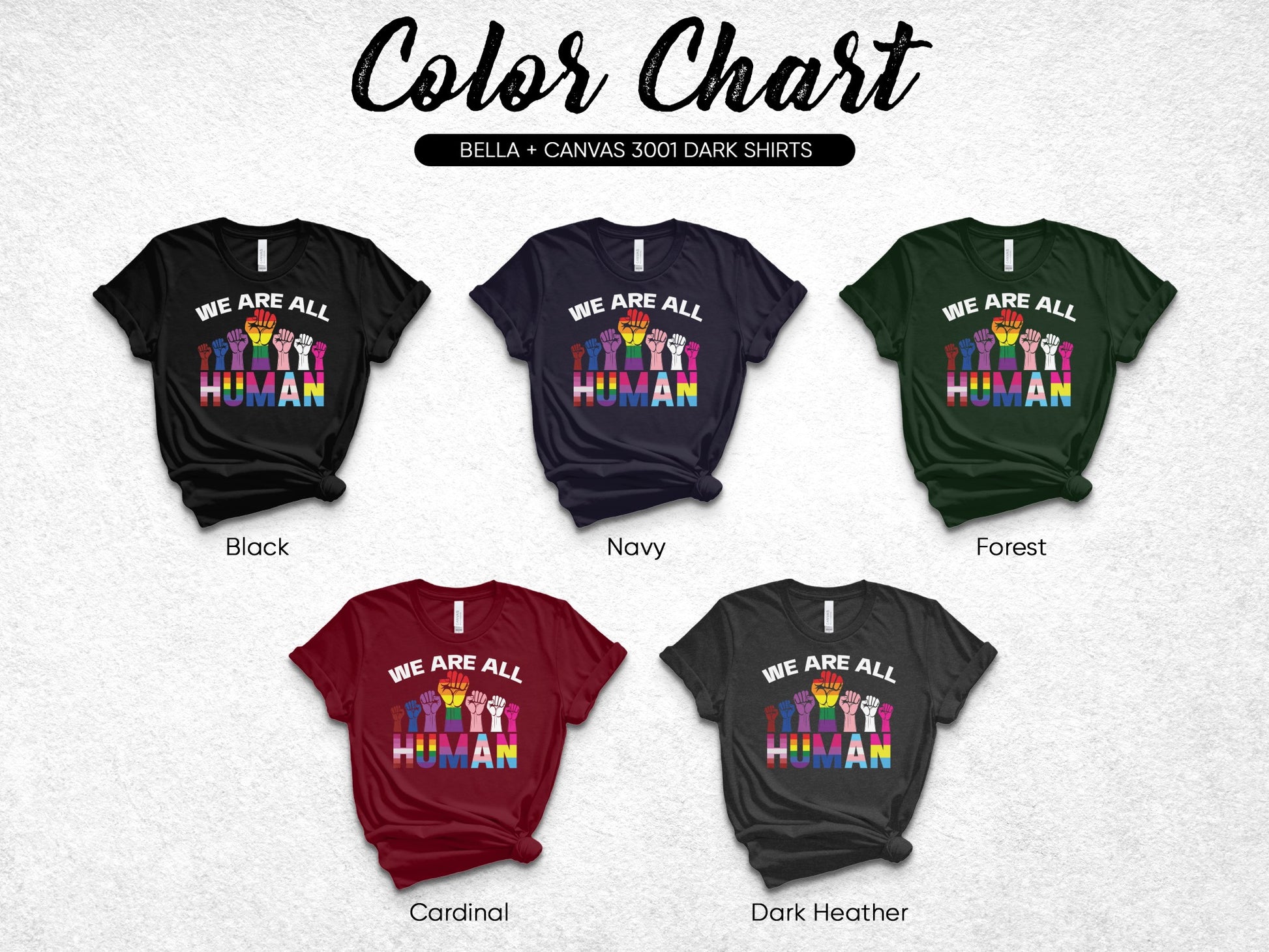 Color chart of five Bella + Canvas 3001 dark shirts with "We Are All Human" text.
