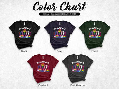 Color chart of five Bella + Canvas 3001 dark shirts with "We Are All Human" text.