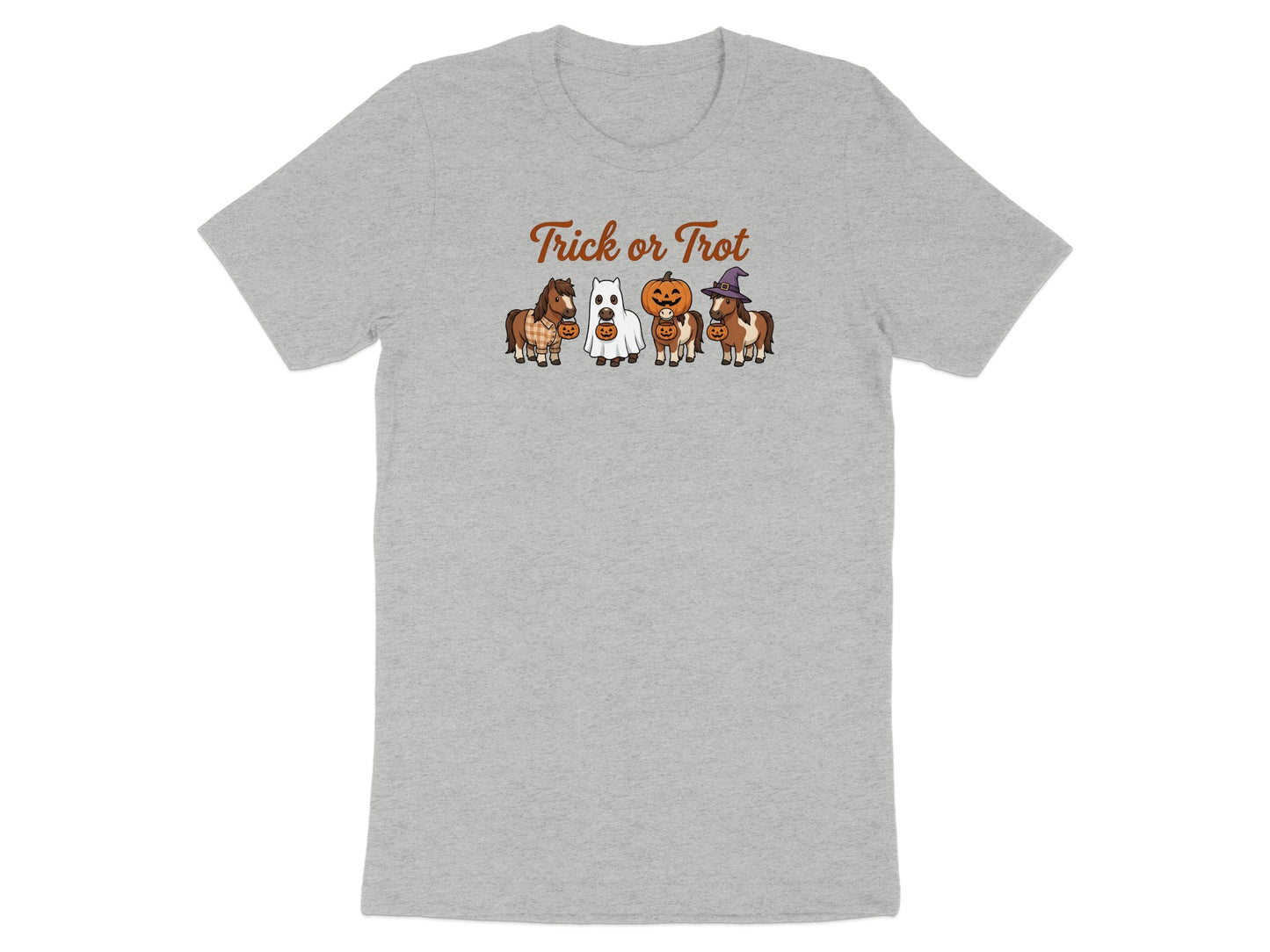Four cartoon ponies in Halloween costumes with "Trick or Trot" text.