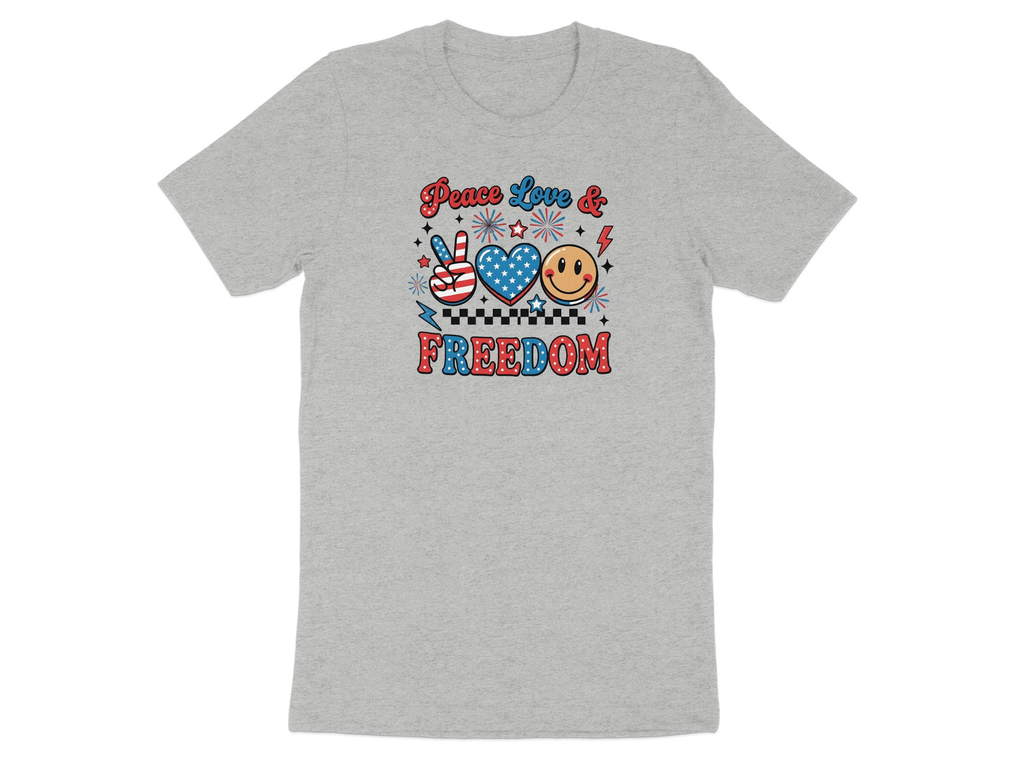 T-shirt graphic with "Peace Love Freedom" text, patriotic symbols, and smiley face.