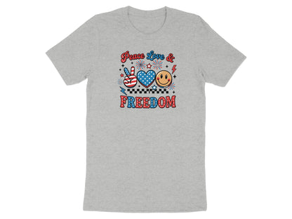T-shirt graphic with "Peace Love Freedom" text, patriotic symbols, and smiley face.