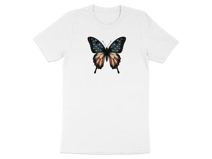 White t-shirt with a butterfly design featuring the American flag.
