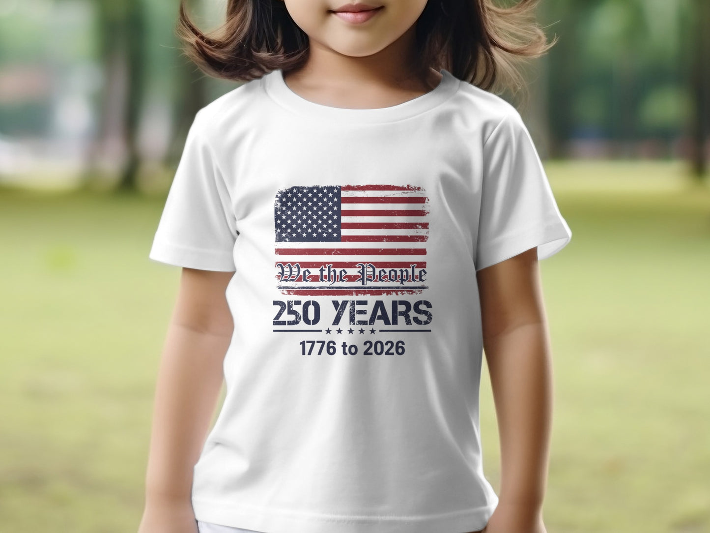 White t-shirt with distressed US flag and "We The People 250 Years 1776 to 2026".