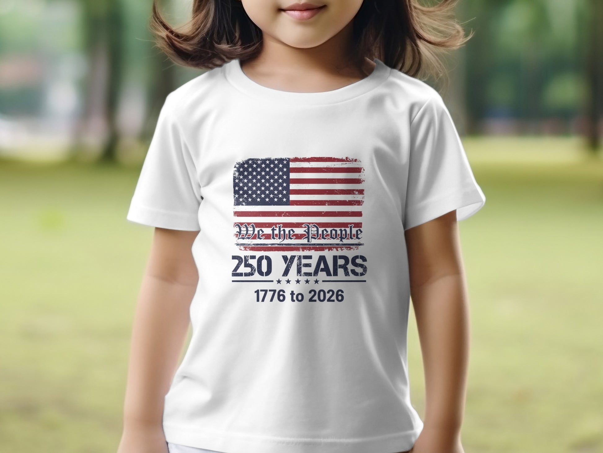 White t-shirt with distressed US flag and "We The People 250 Years 1776 to 2026".