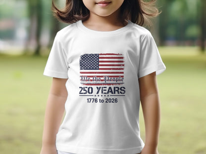 White t-shirt with distressed US flag and "We The People 250 Years 1776 to 2026".
