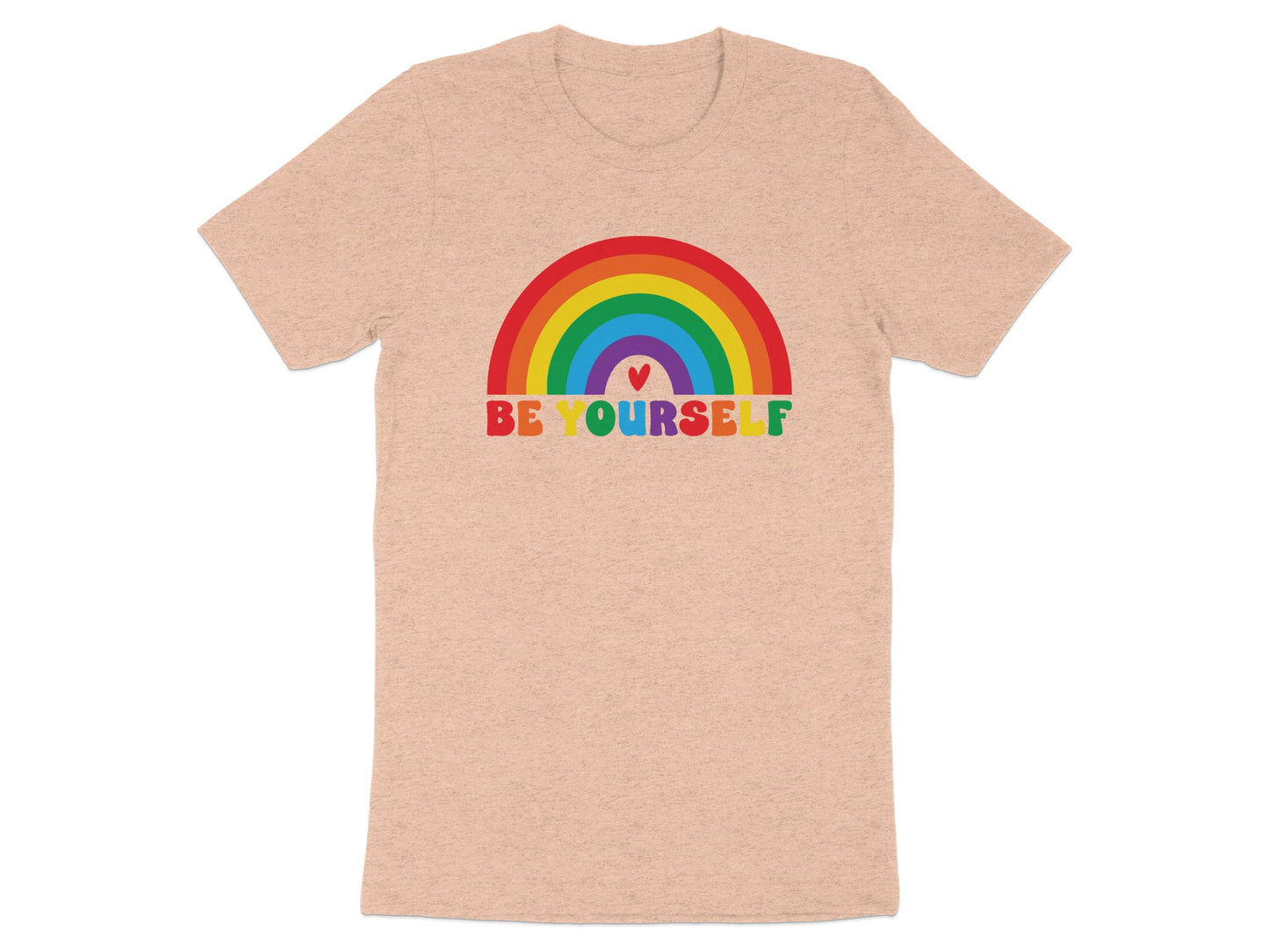 Peach t-shirt with "BE YOURSELF" and a rainbow heart graphic.
