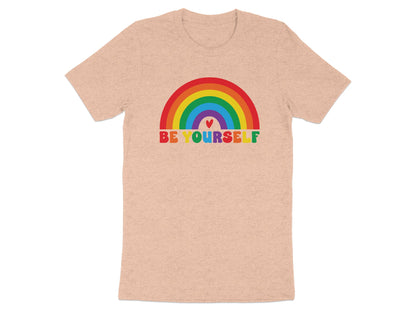 Peach t-shirt with "BE YOURSELF" and a rainbow heart graphic.