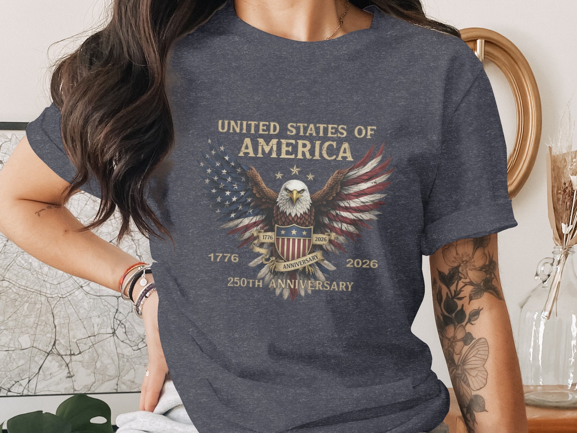 T-shirt with US flag, eagle, and "United States of America 250th Anniversary 1776 2026" text.