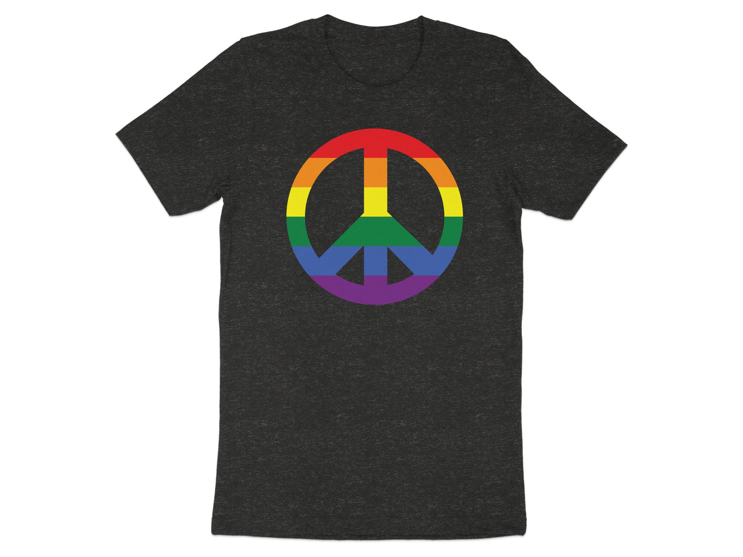 Dark t-shirt with a rainbow peace symbol.