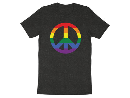 Dark t-shirt with a rainbow peace symbol.