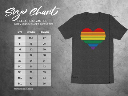 Bella + Canvas 3001 unisex t-shirt size chart with measurements.