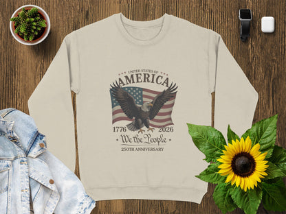 Cream sweatshirt with American flag and "250th Anniversary" text.