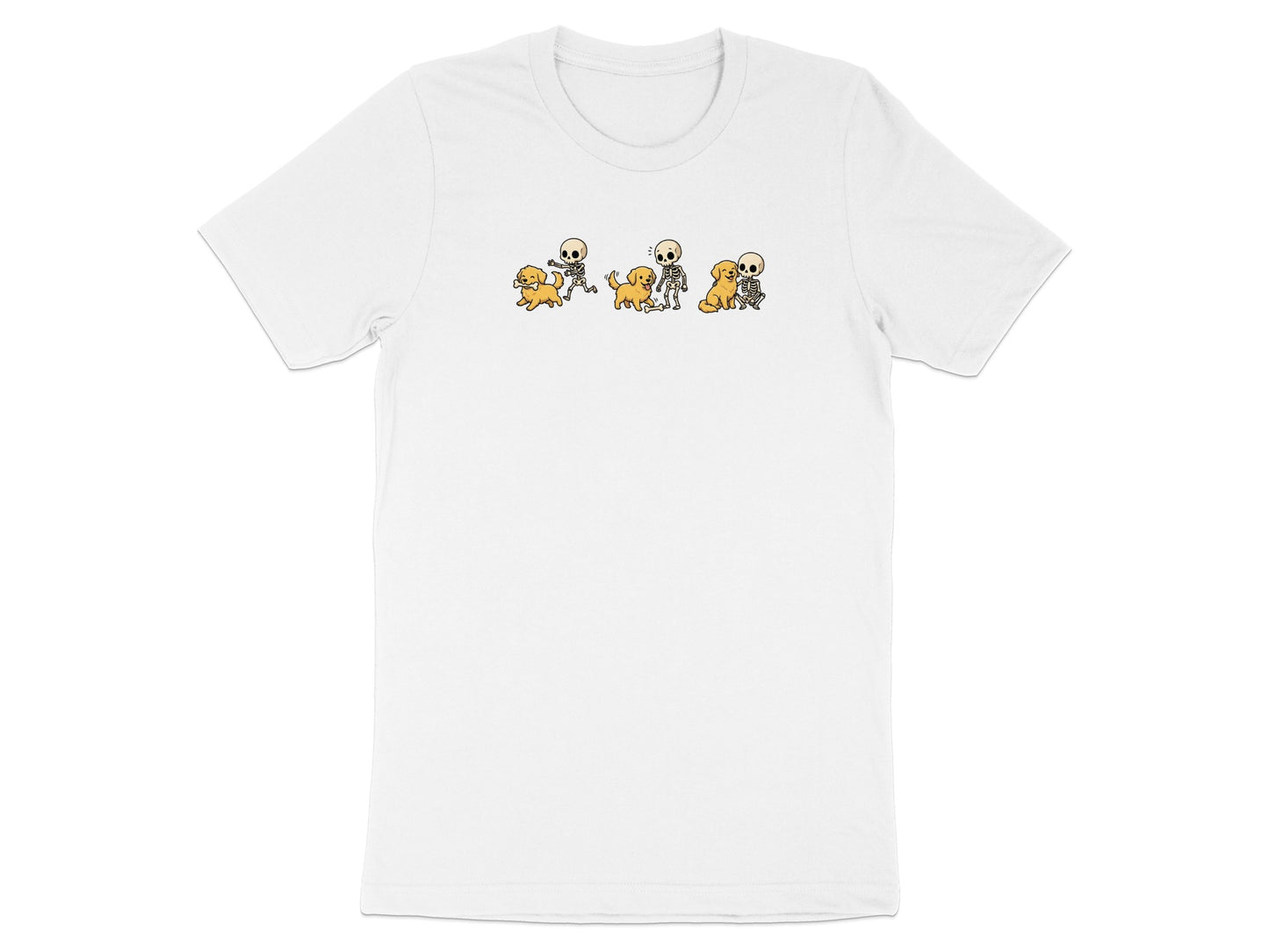 White t-shirt with cartoon skeletons and dogs playing and sitting.