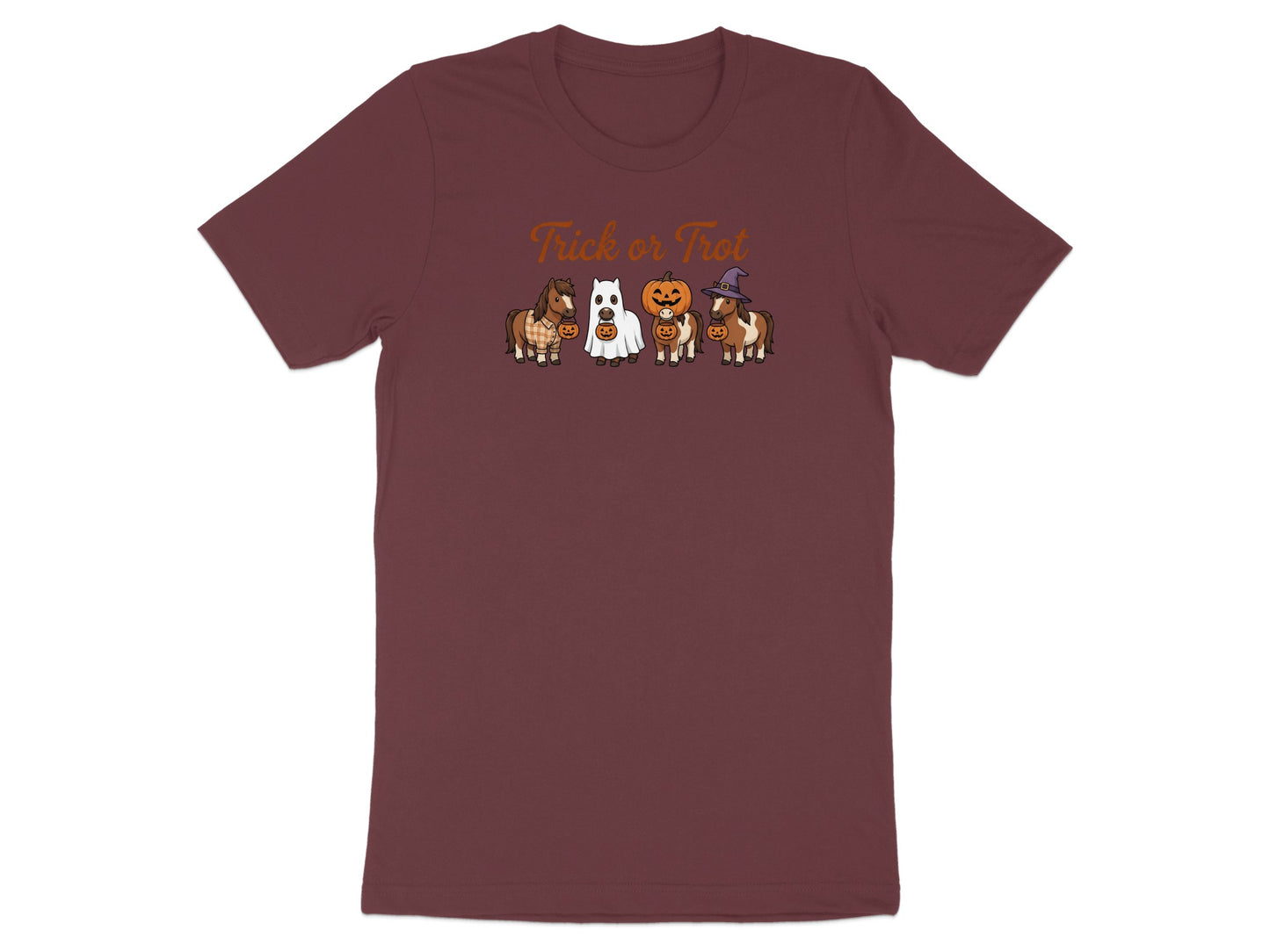 "Trick or Trot" text above four cartoon horses in Halloween costumes.