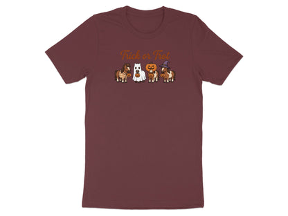 "Trick or Trot" text above four cartoon horses in Halloween costumes.