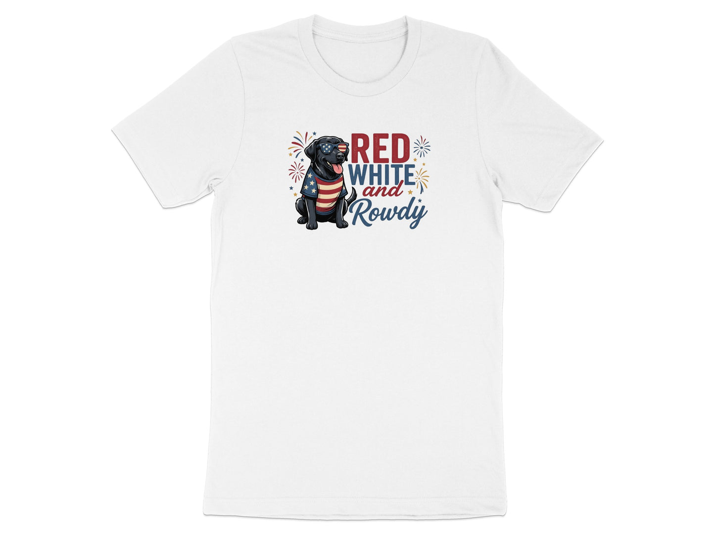 Black dog wearing American flag bandana, "Red White and Rowdy" text.
