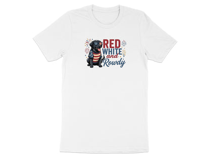 Black dog wearing American flag bandana, "Red White and Rowdy" text.