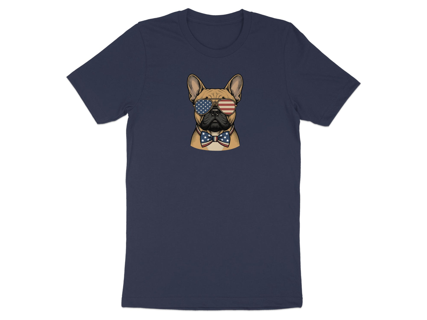 French bulldog wearing sunglasses and bow tie, printed on navy t-shirt.