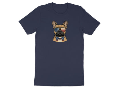 French bulldog wearing sunglasses and bow tie, printed on navy t-shirt.