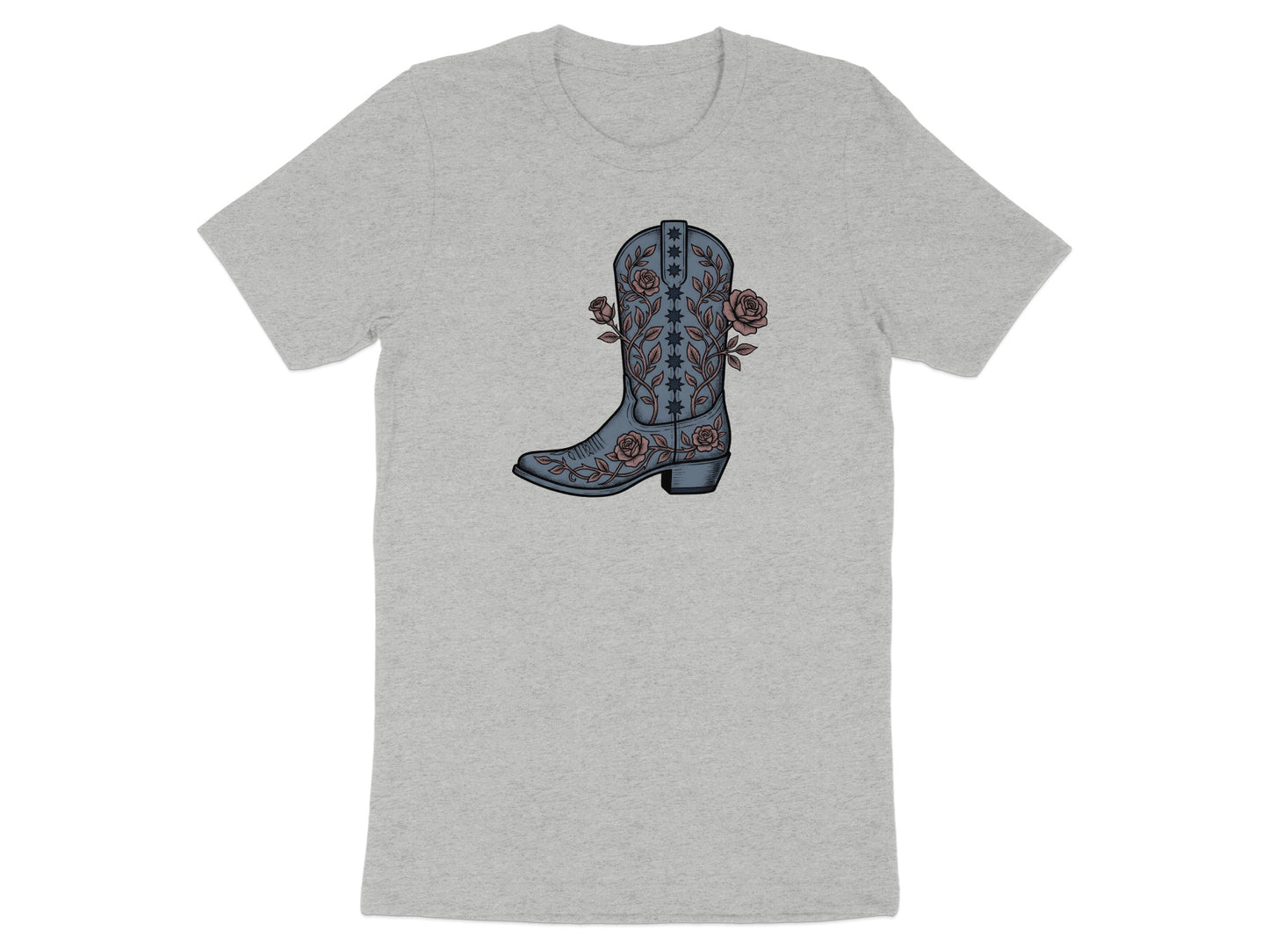 Grey t-shirt with a cowboy boot and roses design.