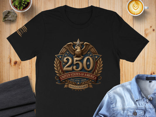 Black t-shirt with American eagle and "250 United States of America Anniversary" graphic.