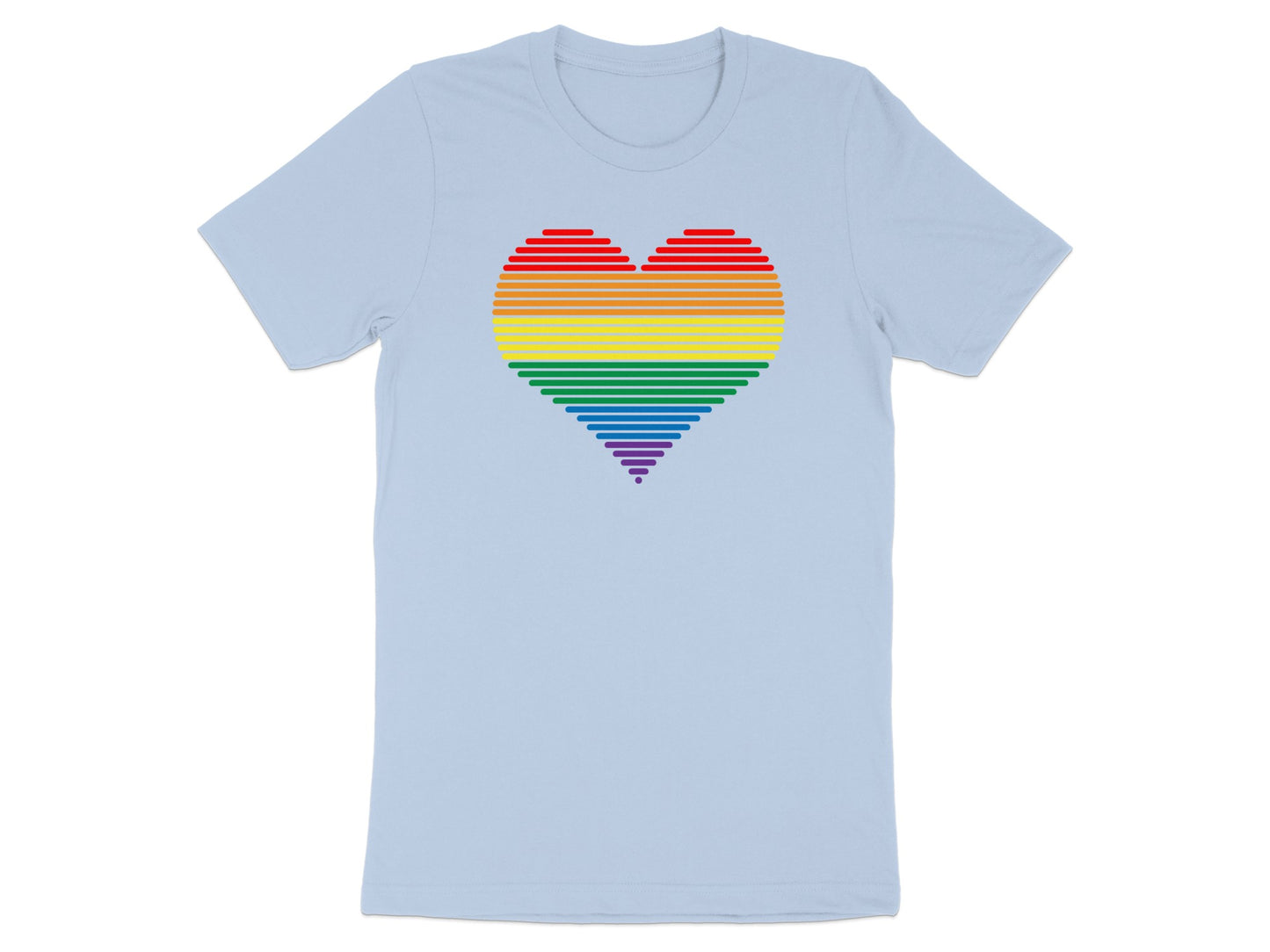 Light blue t-shirt with a rainbow heart made of horizontal lines.