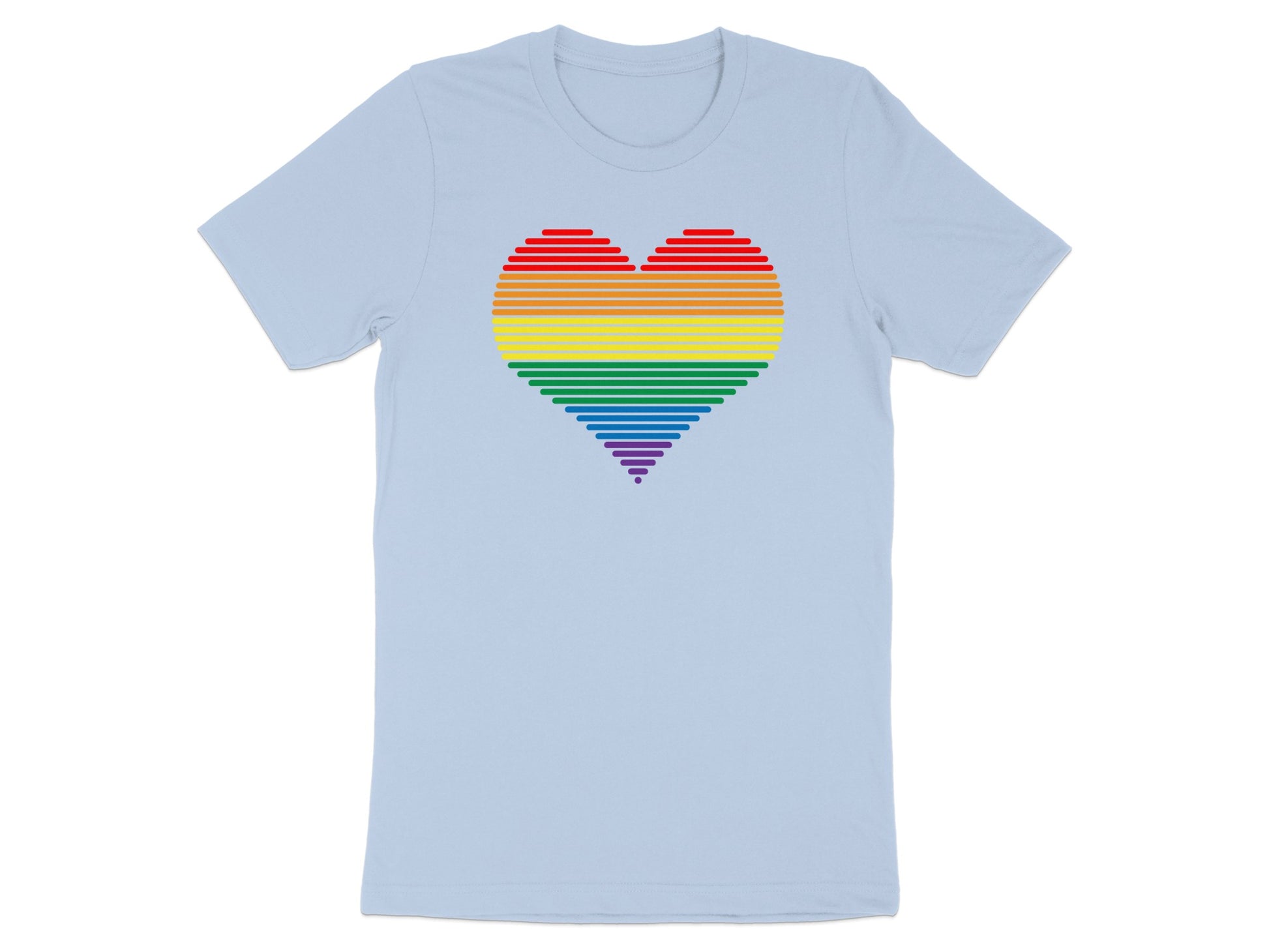 Light blue t-shirt with a rainbow heart made of horizontal lines.